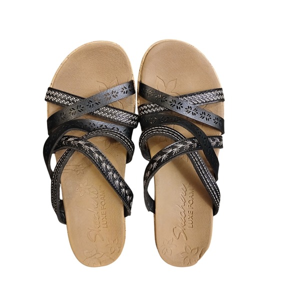 Skechers‎ Luxe Foam Womens Size 7 Sandals Slip On Cork Wedge Black Beige #1114 - Picture 1 of 12